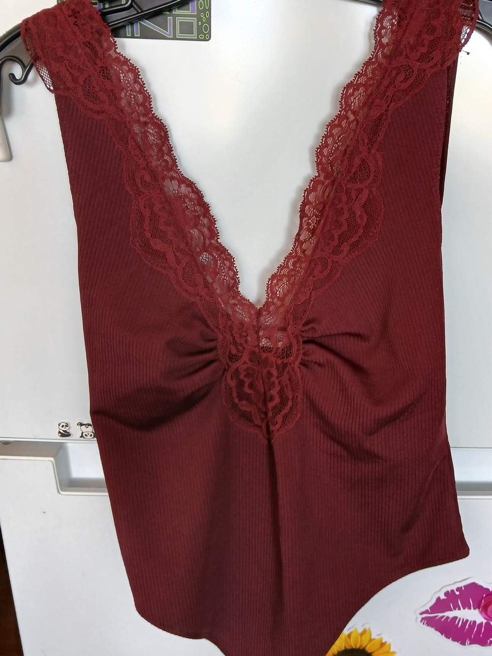 Free People Ribbed Lace-Trim Bodysuit - Burgundy